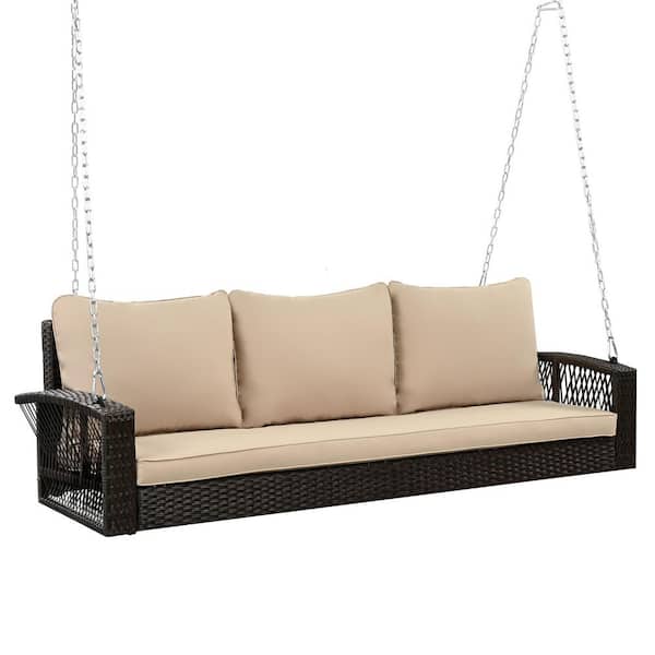 69 in. 3-Person Upgraded Brown Wicker Outdoor Porch Swing with Khaki Cushions, Support 800 lbs