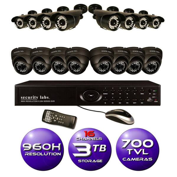 Security Labs 16-Channel 960H Surveillance System with 3TB HDD and (16) 700 TVL Cameras