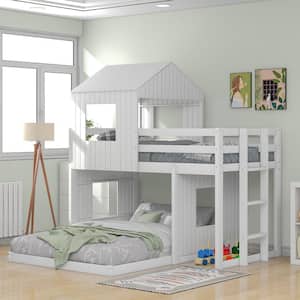 White Twin Over Full Wooden Playhouse Bunk Bed with Ladder and Guardrails