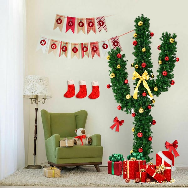 Costway 7 ft. Pre-Lit Cactus Artificial Christmas Tree with LED Lights and  Ball Ornaments MS2J-064-A6