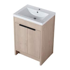 24 in. W x 18 in. D x 35 in. H Freestanding White Oak Bath Vanity with White Top Resin Single Sink and Storage Cabinet