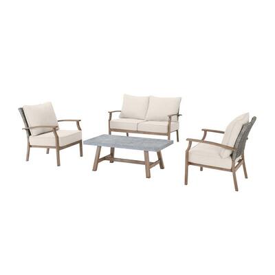Beachside 4-Piece Rope Look Wicker Outdoor Patio Conversation Seating Set with CushionGuard Almond Tan Cushions