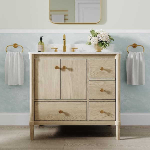 36 in. Oak Solid Wood CUPC Certified Single Sink Bath Vanity with Carrara White Quartz Top, Soft-Close, Assembled