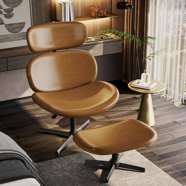 Bestier Modern Brown PU Leather Swivel Chair with Ottoman