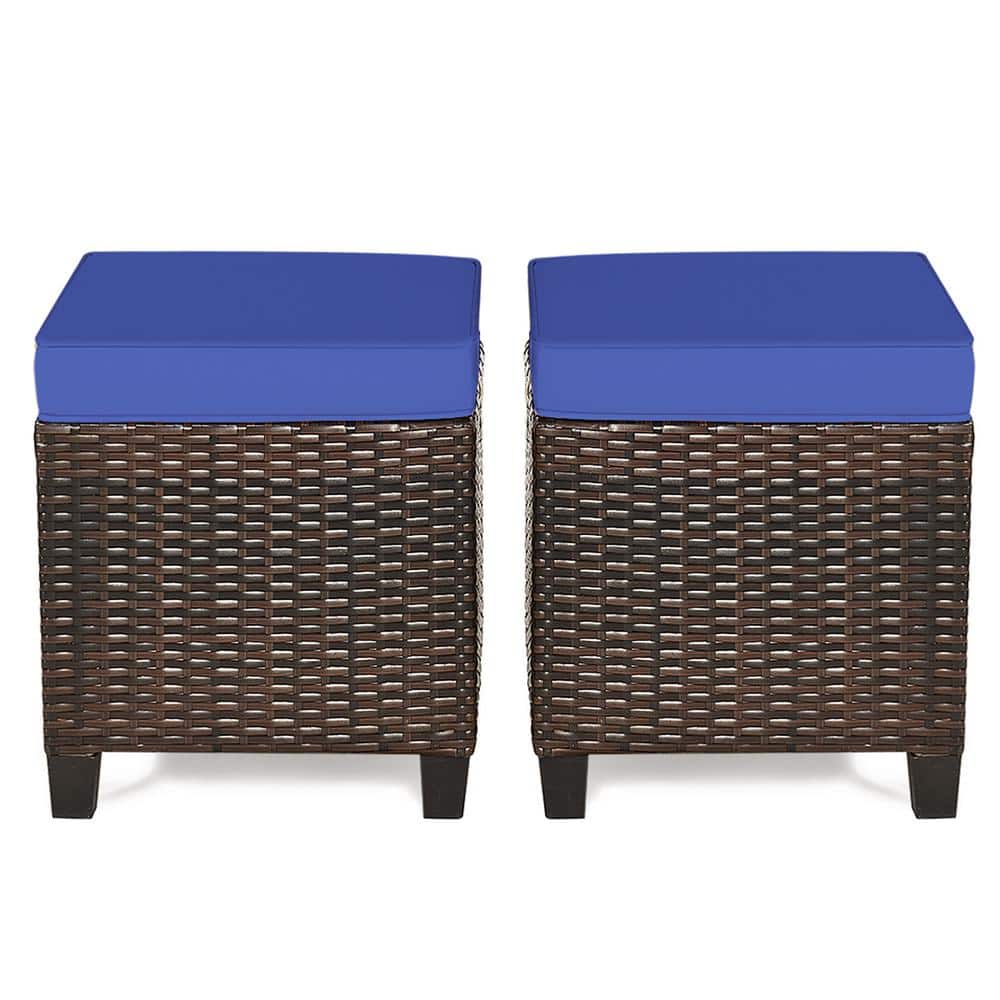 2 Rattan Ottomans Navy Cushioned Seat Foot Rest Set Outdoor Garden Furniture