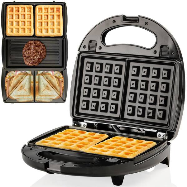 Sandwich Maker 750-Watts Black 2 Waffle Maker Cool Touch Handle Anti-Skid Feet LED Indicator Lights 3-in-1 Detachable Non-stick Coating Sandwich Grill 