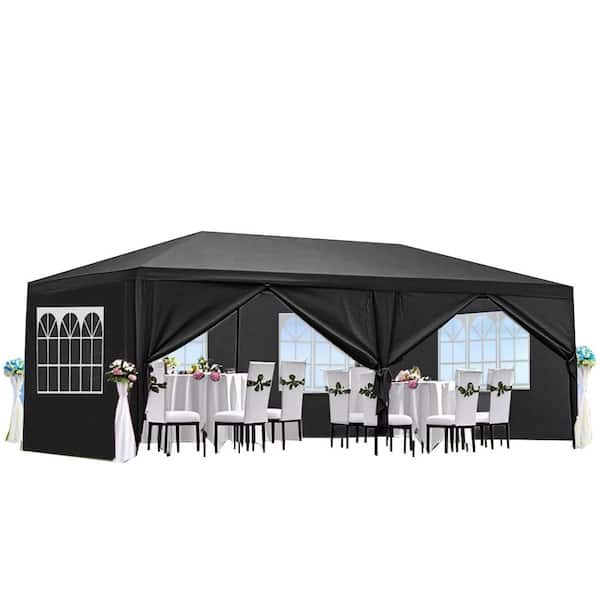 10 ft. x 20 ft. Black Outdoor Party Canopy Tent with 6 Removable Sidewalls, Waterproof Gazebo For Wedding Event