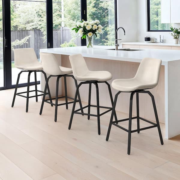 LUE BONA Dennis 37 in. Faux Leather Bar Stools Metal Frame With Upholstered Swivel Counter Height Bar Stools in Ivory (Set of 4)