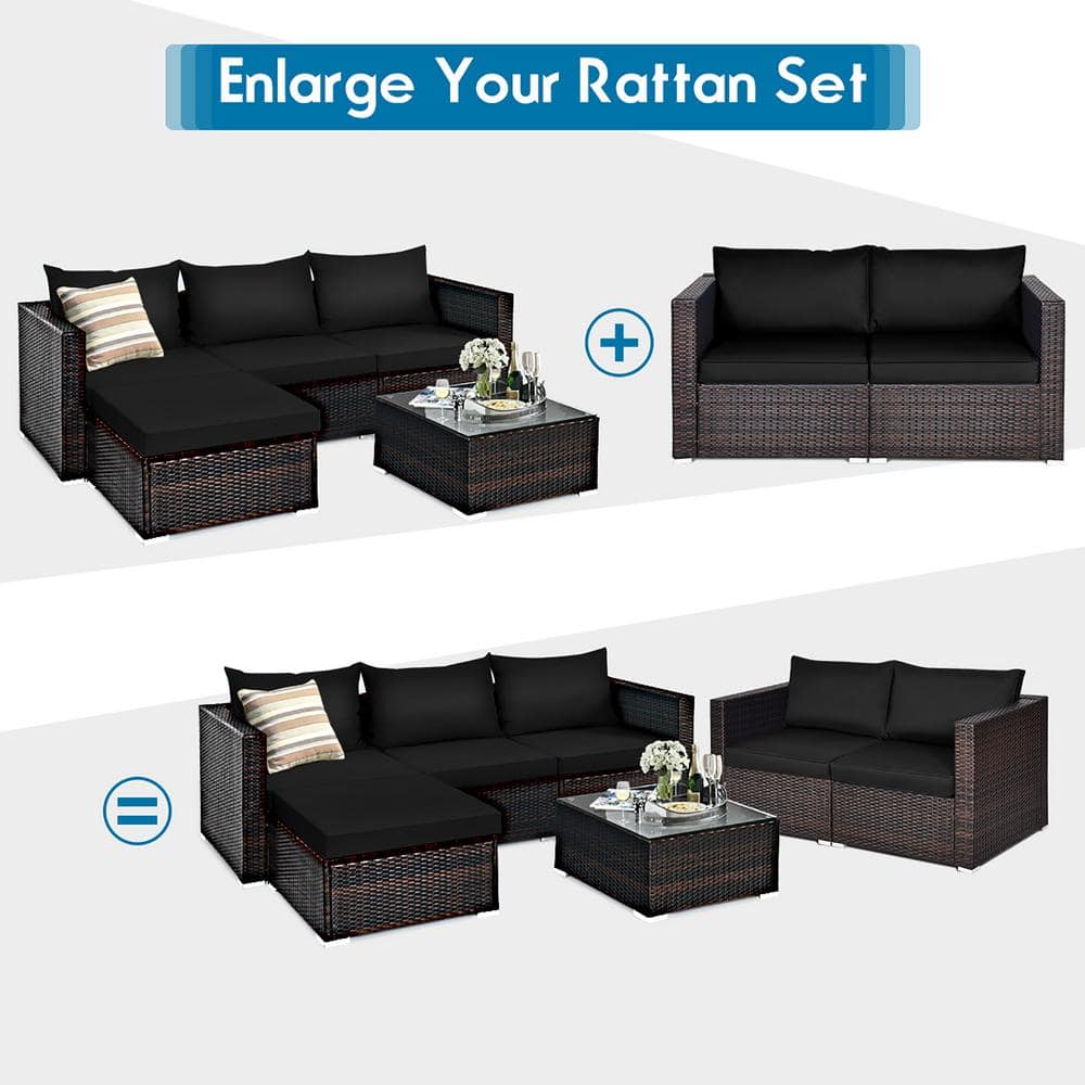 Black Wicker and Metal Two-Seater Outdoor Sectional Sofa