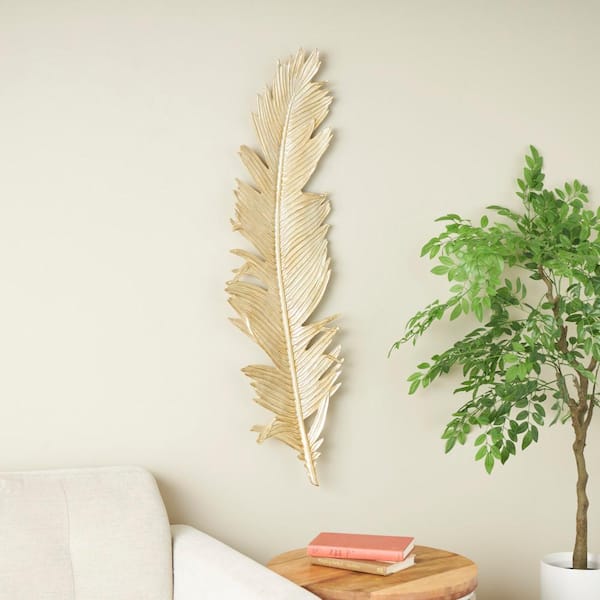 Litton Lane 14 in. x 47 in. Polystone Gold Large Metallic Feather Bird Wall Decor