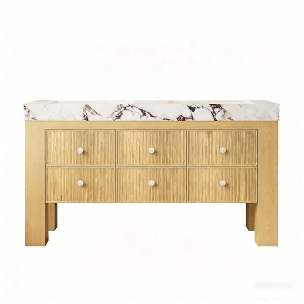 60 in. Freestanding Corolla Oak Bath Vanity with Viola Calacatta White Sintered Stone Top Assembled, 6 Drawers