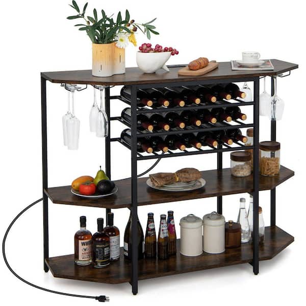 Industrial 21-Bottle Brown Freestanding Wine Rack with Storage Shelves