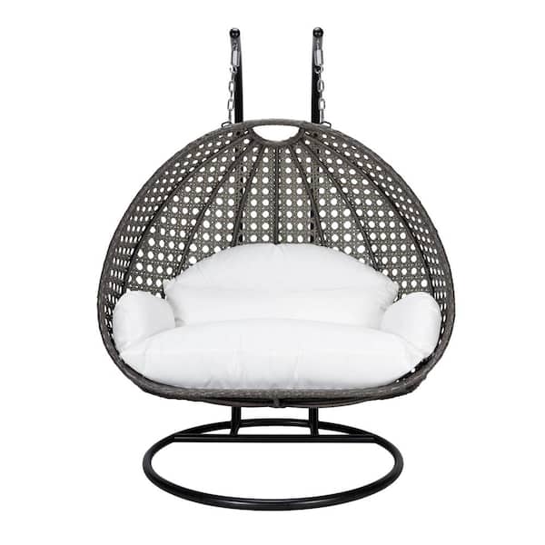 2-Person Egg Swing Chair Charcoal Wicker Outdoor Patio Hanging Chair with White Cushions
