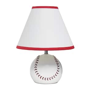 11.5 in. Red and White Baseball Base Ceramic Bedside Table Desk Lamp with White Empire Fabric Shade withRed Trim
