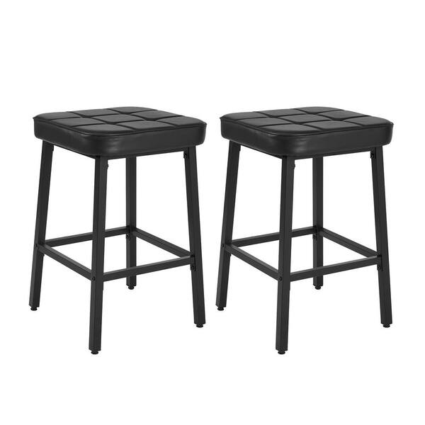 VECELO Bar Stools Set of 2, Black PU Upholstered Breakfast Stools, Bar Chairs, 24-Inch Height Industrial Metal Dining Chairs