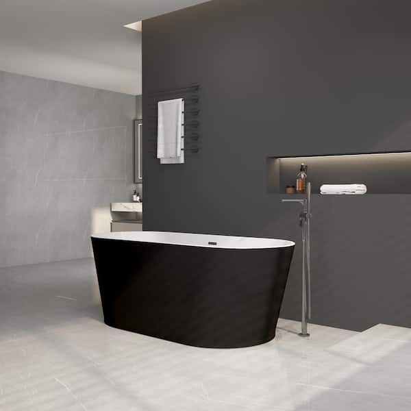 FORCLOVER 67 in. x 30 in. Acrylic Flatbottom Rectangular Freestanding Soaking Bathtub in Black