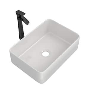 19 in. White Ceramic Rectangular Vessel Sink with Matte Black Bathroom Faucet, Drain Not Included