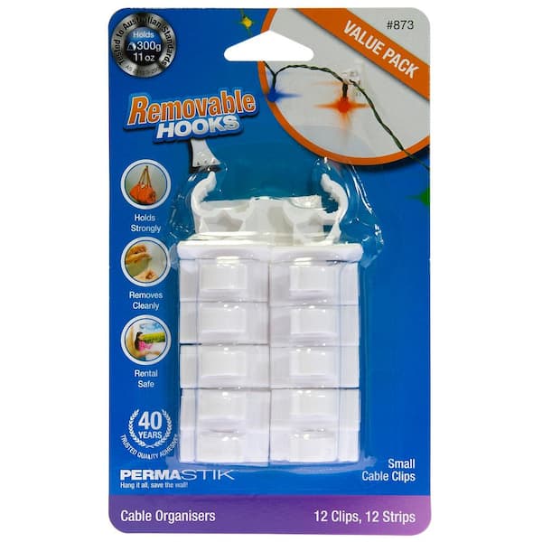 Permastik Small Cable Clips Value, Removable Adhesive Strips, White (12--Pack)
