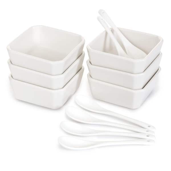 6 oz. White Porcelain Serving Bowl Set, 6 Small Bowl and 6 Serving Spoon, Ceramic Condiment Cups for Sauce, Dessert