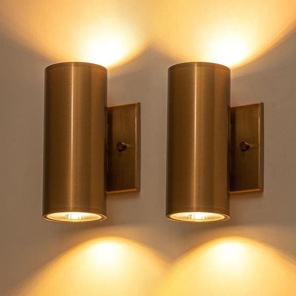 (2-Pack) Alexa 2-Light Gold Integrated LED Cylinder Outdoor Wall Sconce