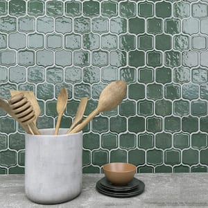 Classic Green 11.86 in. x 10.79 in. Arabesque Glossy Glass Mosaic Tile (8.9 sq. ft./Case)