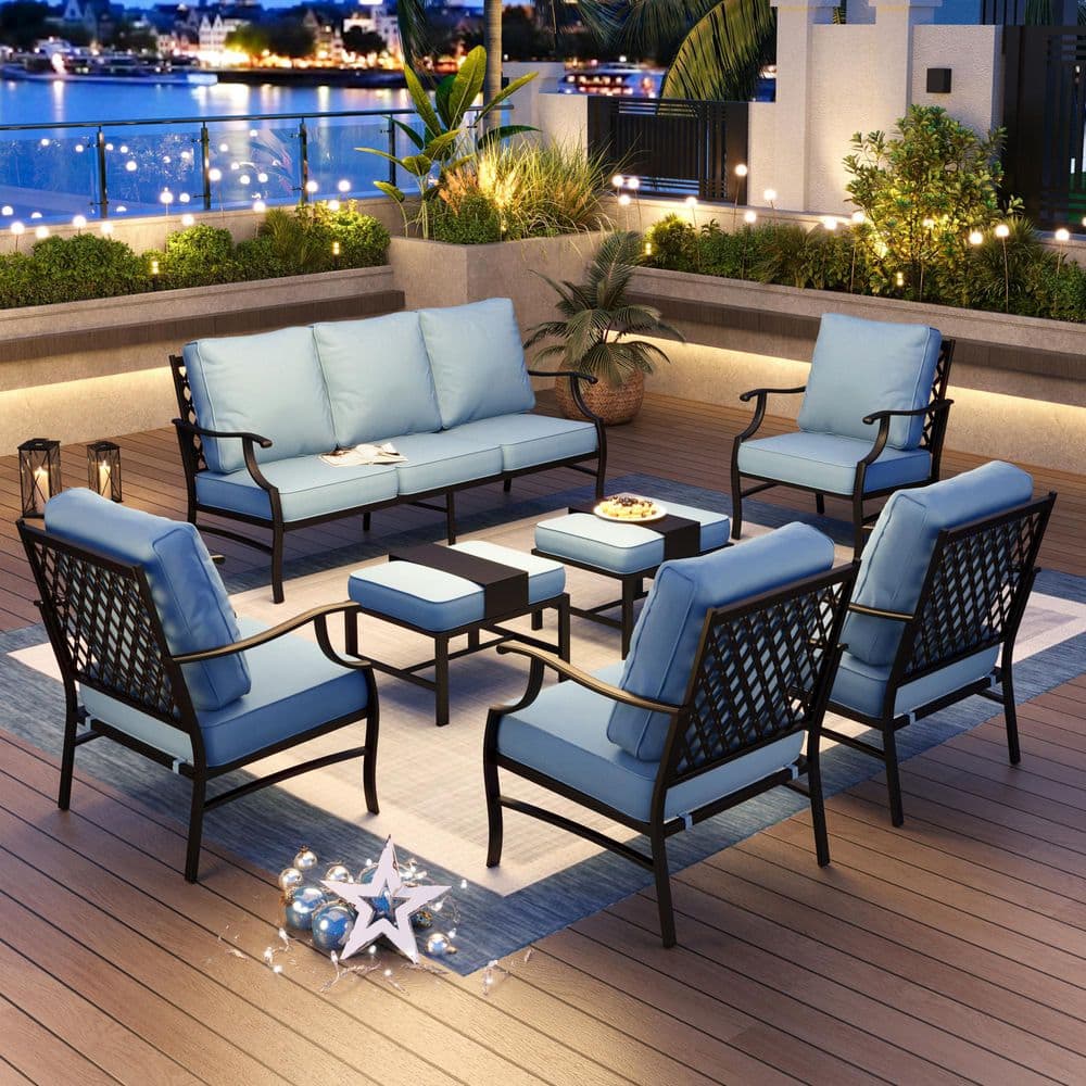 Black Meshed 9-Seat 7-Piece Metal Outdoor Patio Conversation Set with Blue Cushions and 2 Ottomans price history on PriceWatchPro