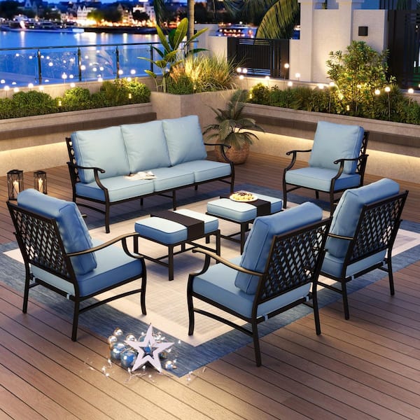 PHI VILLA Black Meshed 9-Seat 7-Piece Metal Outdoor Patio Conversation Set with Blue Cushions and 2 Ottomans
