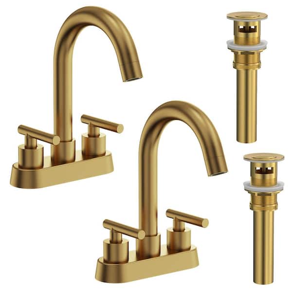 GRANDJOY 4 in. Centerset 2 or 3-Hole Double Handle High Arc Bathroom Faucet 1.0 GPM in Brushed Gold with Pop-Up Drain (2-Pack)