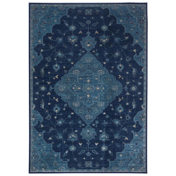 Vintage 5 ft. x 8 ft. Navy/Teal Medallion Floral Diamond Area Rug