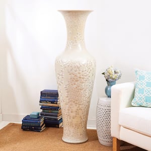 55 in. High Long Necked Ivory Colored Porcelain Vase with Mother of Pearl Effect
