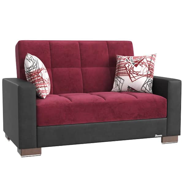 Ottomanson Basics Collection Convertible 63 in. Burgundy/Black Microfiber 2-Seat Loveseat with Storage