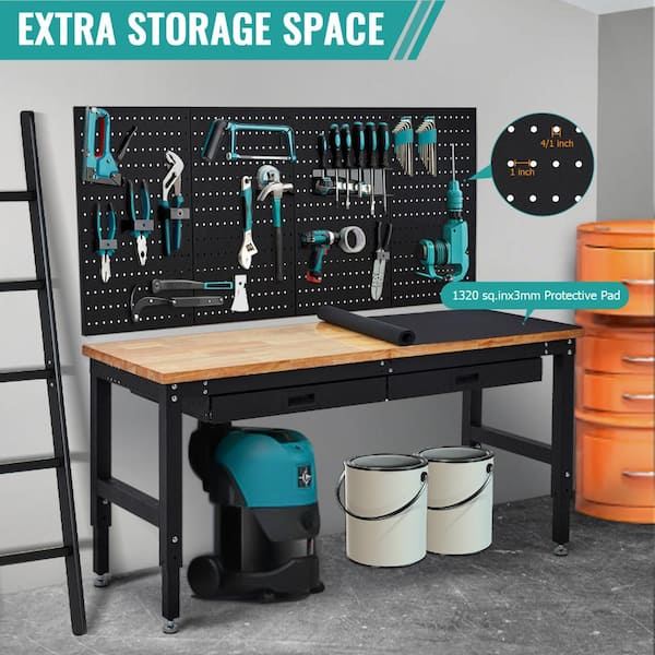 Heavy Duty Adjustable Workbench with Pegboard, Drawers, Rubber