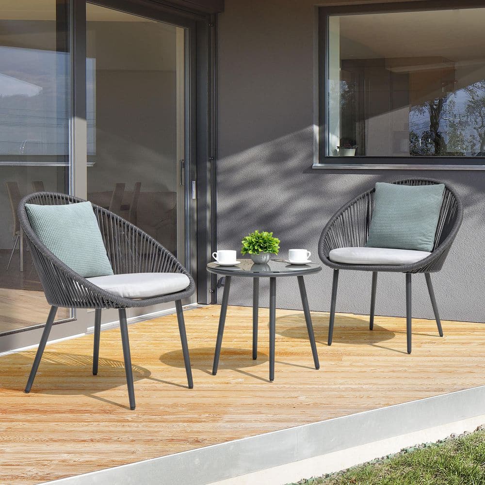 Dark Gray 3-Piece Metal Outdoor Patio Bistro Set with Light Gray Cushions price history on PriceWatchPro