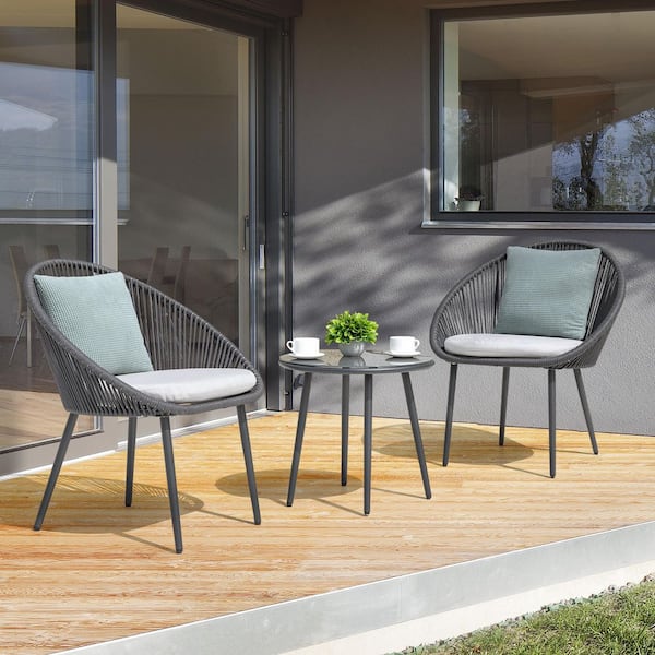 Nuu Garden Dark Gray 3-Piece Metal Outdoor Patio Bistro Set with Light Gray Cushions
