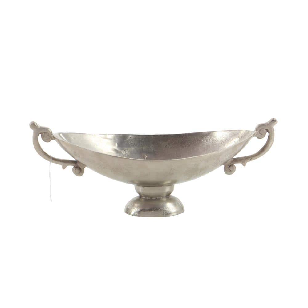 Silver Aluminum Decorative Bowl with Ornate Handles and Stand