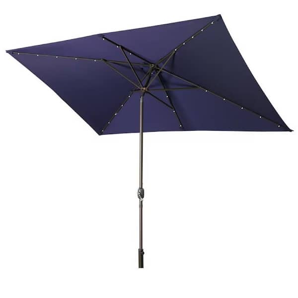 Cesicia 10 ft. Aluminium Rectangular Tilt Patio Market Umbrella with Solar Lights in Navy Blue