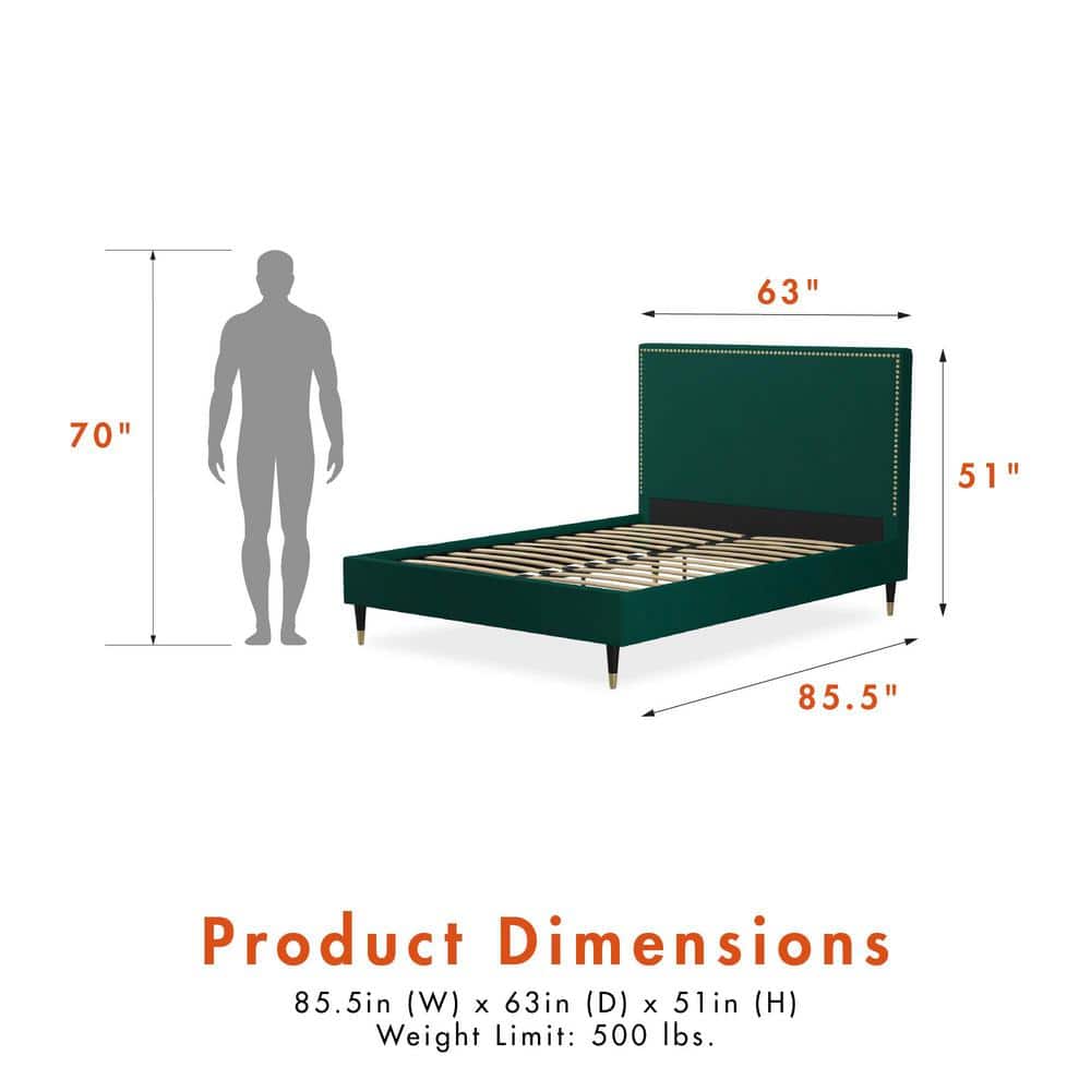 Emerald Green Velvet Queen Bed with Gold Nailhead Trim & Black Legs