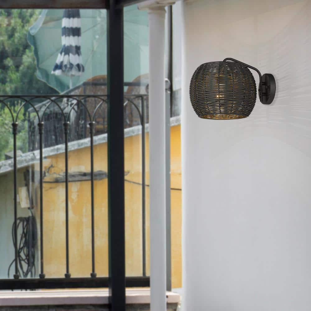 Natural Black Steel Outdoor Wall Sconce with Rattan Wicker Shade