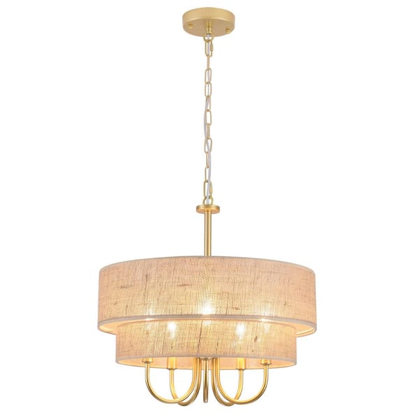 5-Light Gold Candlestick Chandelier Linear Chandelier Lighting with Burlap Cloth Cover for Kitchen Island