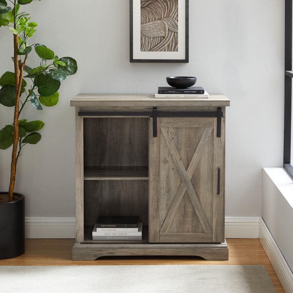 Rustic Farmhouse 32" Grey Wash Buffet with Sliding Barn Door