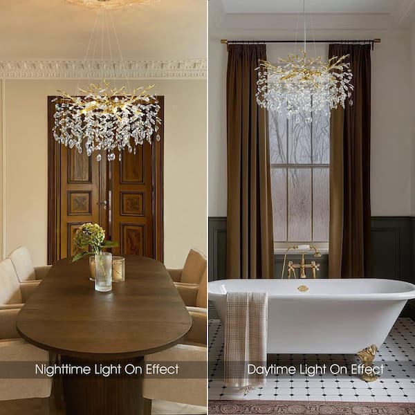 10-Lights 30 in. Dimmable Tree Branch Shape Gold Crystal Linear Chandeliers Living Room, High Ceiling, Foyer, Entryway