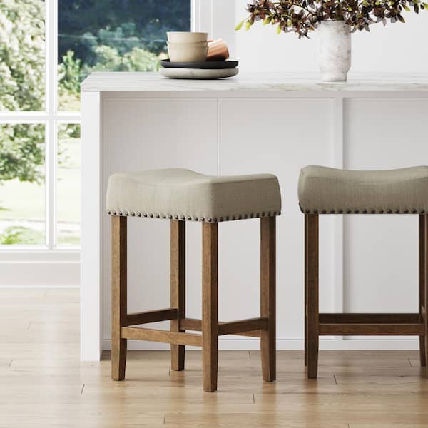 Nathan James Hylie 24 in. Beige Fabric Cushion Light Brown Finish Nailhead Wood Counter Height Bar Stool