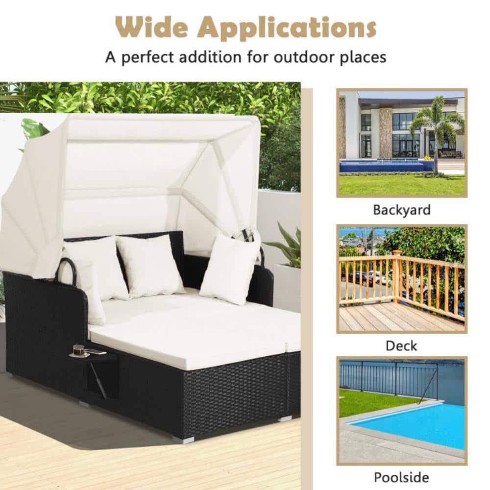 Black Wicker Outdoor Daybed with Off-White Cushions and Canopy