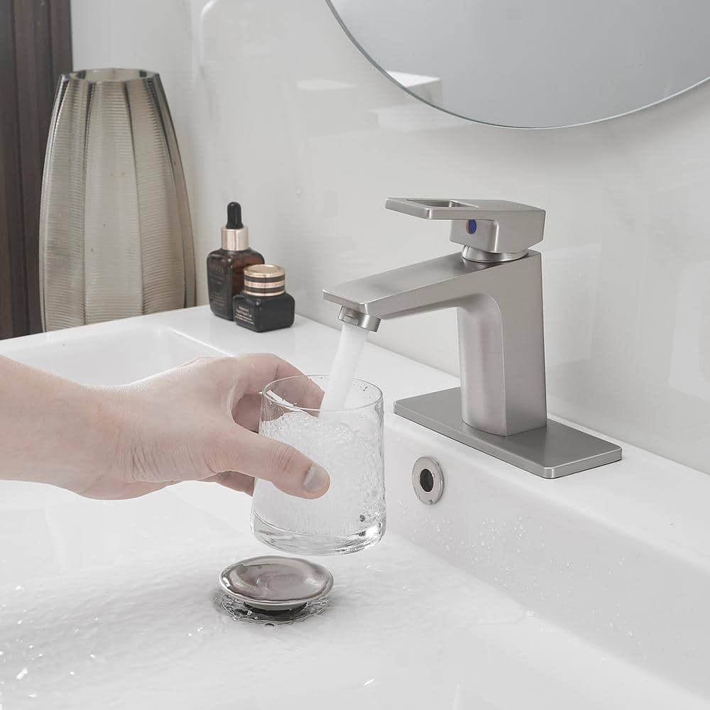 Brushed Nickel Single Handle Bathroom Faucet with Pop-Up Drain