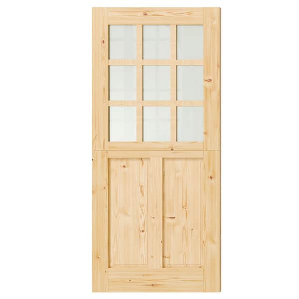 TENONER 32in. x 80in. 9 Lite Frosted Glass, Finished Half Split Interior Dutch Door Slab with Natural Pine Wood Color