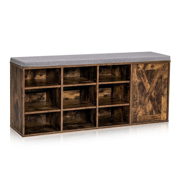 Shoe Storage Bench w/Padded Cushion 9-Cube Adjustable Storage Shoe Rack Rustic Brown