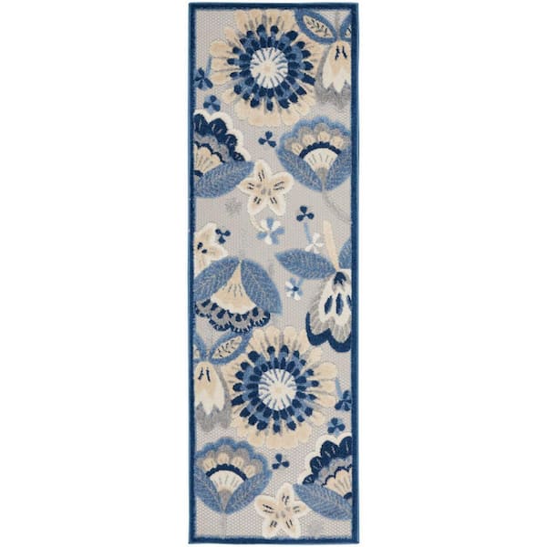 Nourison Aloha Blue/Gray 2 ft. x 6 ft. Kitchen Runner Floral Contemporary Indoor/Outdoor Patio Area Rug