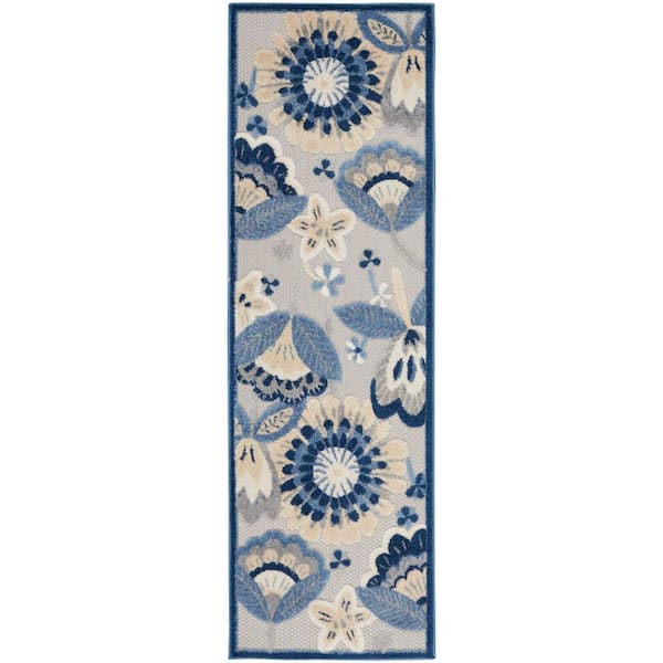 Aloha Blue/Gray 2 ft. x 6 ft. Kitchen Runner Floral Contemporary Indoor/Outdoor Patio Area Rug