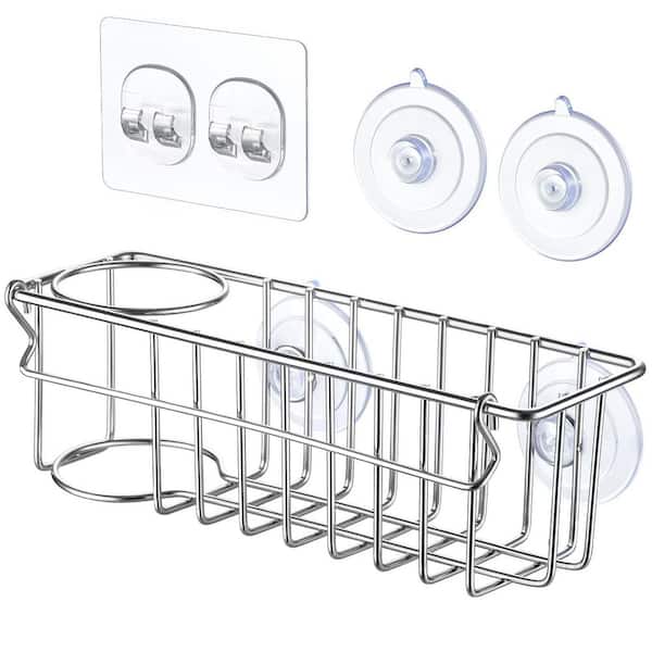 Silver Stainless Steel 3-In-1 Sponge Holder for Kitchen Sink with Suction Cups and Adhesive Hook for Dish and Cloth