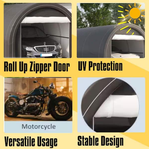 10 ft. x 16 ft. Portable Garage Heavy-Duty Carport Storage Tent with Large Zippered Door for Car, Truck, Garden, Gray